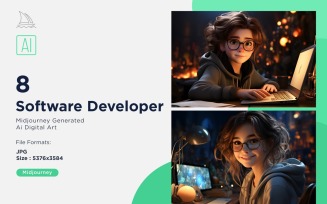 3D Pixar Character Child Girl Software Developer with relevant environment Set