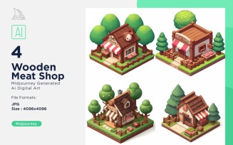 Meat Shop Forest Wooden Building Isometric Set 10