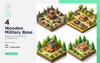 Military Base. Forest Wooden Building Isometric Set 22