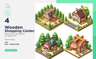 Shopping center Forest Wooden Building Isometric Set 9