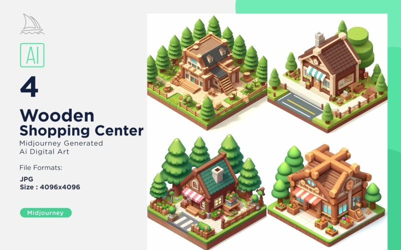 Shopping center Forest Wooden Building Isometric Set 9 Illustration