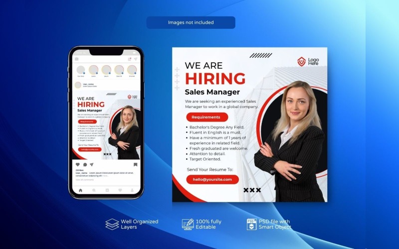 Square Banner Template: Hiring PSD Job Vacancy Red Social Media