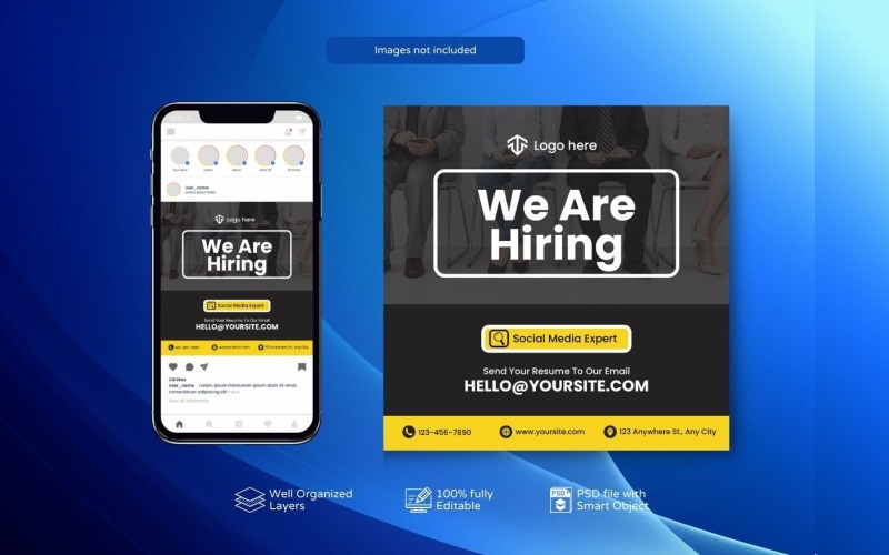 Square Banner Template: Hiring PSD Job Vacancy Yellow Social Media