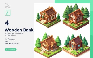 Wooden Bank Forest Wooden Building Isometric Set 8