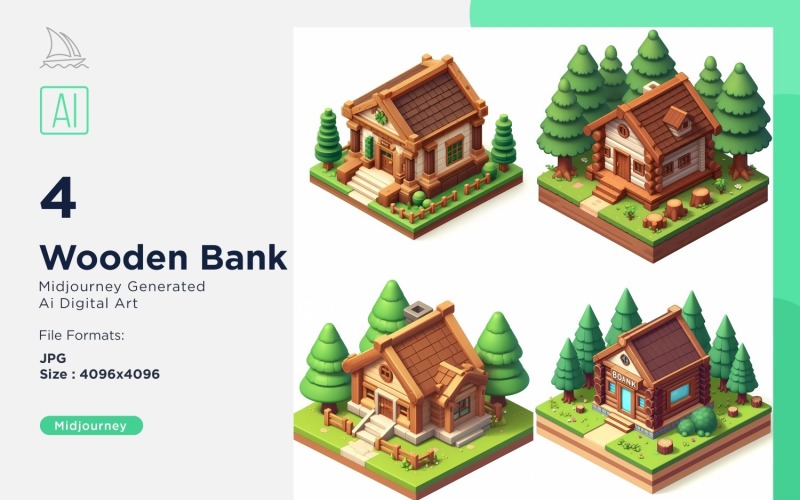 Wooden Bank Forest Wooden Building Isometric Set 8 Illustration