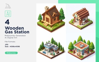 Wooden Gas station Forest Wooden Building Isometric Set 5