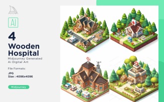 Wooden Hospital Forest Wooden Building Isometric Set 6