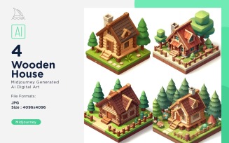 Wooden House Forest Wooden Building Isometric Set 1