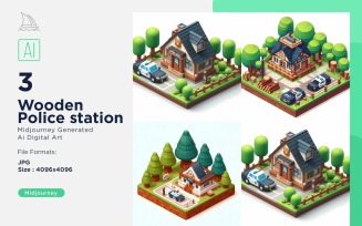 Wooden Police station Forest Wooden Building Isometric Set 4