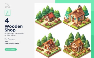 Wooden Shop Forest Wooden Building Isometric Set 2
