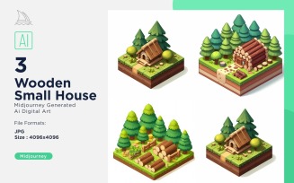 Wooden small house Forest Wooden Building Isometric Set 7