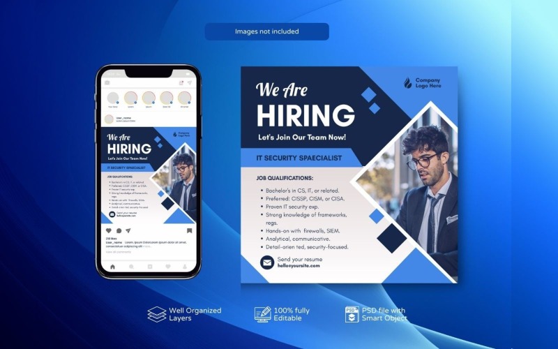 Job Vacancy PSD Template: Hiring Banner Design Blue Social Media