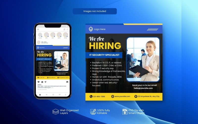 Job Vacancy PSD Template: Hiring Banner Design Yellow and Blue Social Media