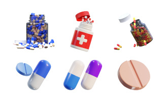 Medicine jar with pills icon set 3d render