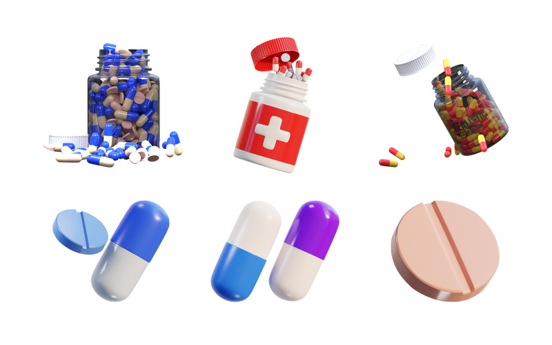 Medicine jar with pills icon set 3d render Icon Set