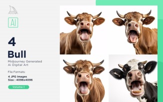 Bull funny Animal head peeking on white background Set