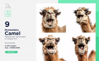 Dromedary Camel funny Animal head peeking on white background Set