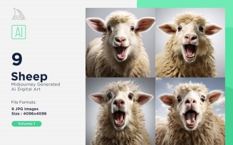 Sheep funny Animal head peeking on white background Set