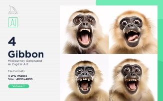 Gibbon funny Animal head peeking on white background Set