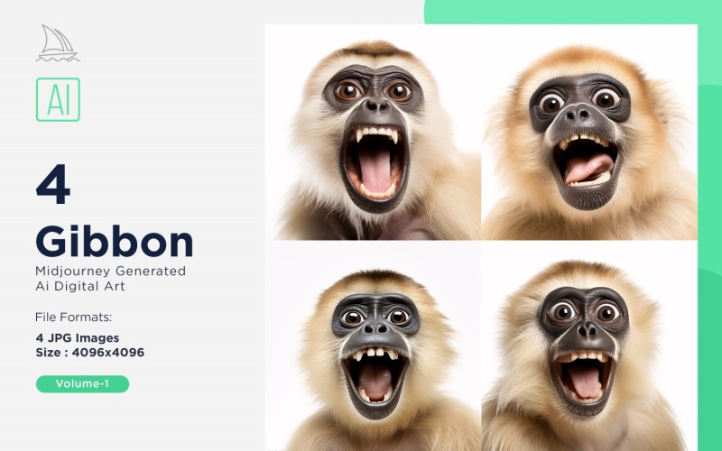 Gibbon funny Animal head peeking on white background Set Illustration