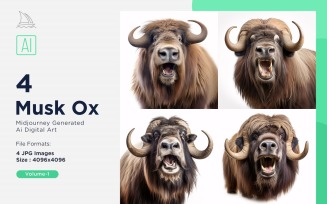 Musk Ox funny Animal head peeking on white background Set