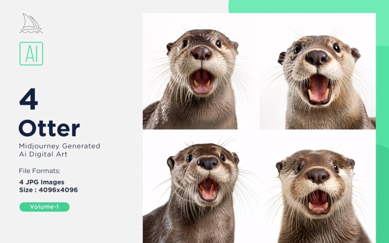 Otter funny Animal head peeking on white background Set Illustration