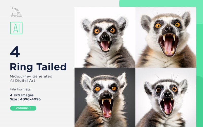 Ring Tailed funny Animal head peeking on white background Set Illustration