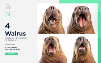 Walrus funny Animal head peeking on white background Set