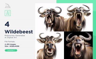 Wildebeest funny Animal head peeking on white background Set