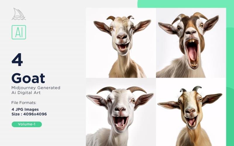 Goat funny Animal head peeking on white background Set. Illustration