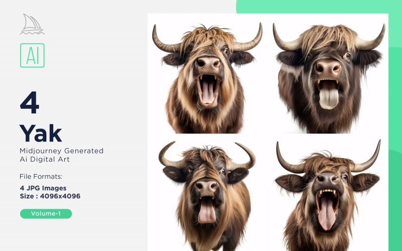 Yak funny Animal head peeking on white background Set Illustration