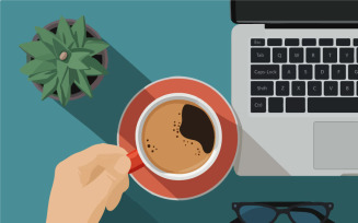 A flat illustration of a cup of coffee in a computer table