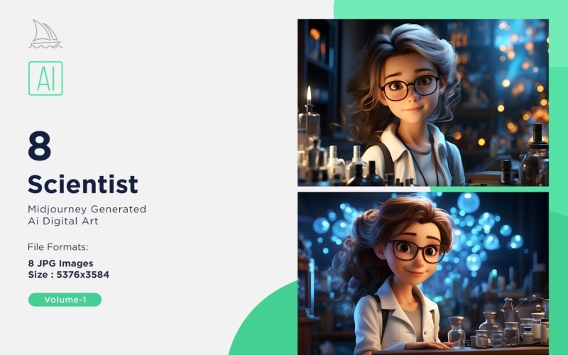 3D Pixar Character Child Girl Scientist with relevant environment Set Illustration