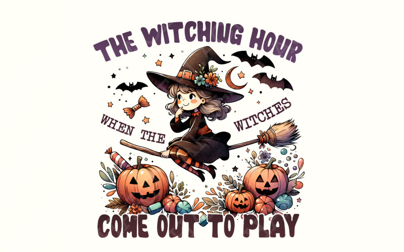 The Witch Hour, Retro Halloween Png, Witch Png, Pumpkin Png, Halloween Png, Halloween T Shirt Png Illustration