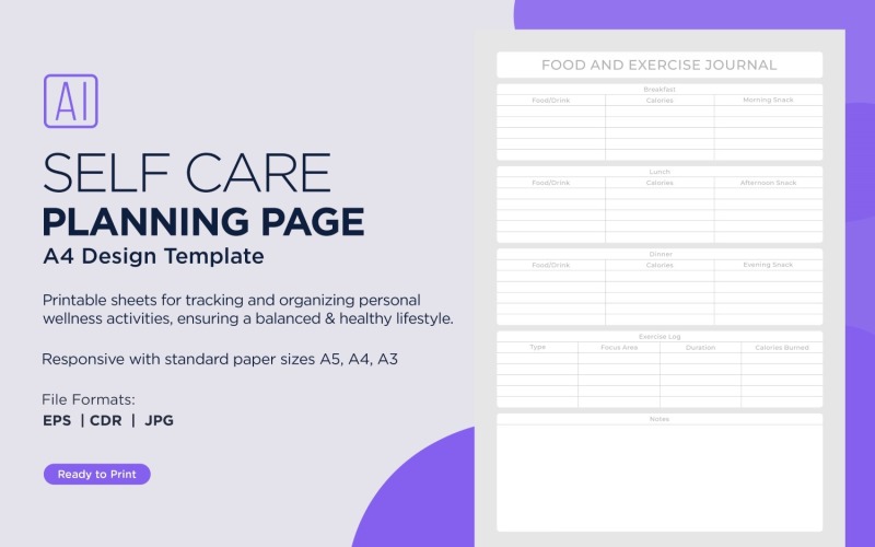 Food And Exercise Journal Self Care Planning Pages, Planner Sheets, 28