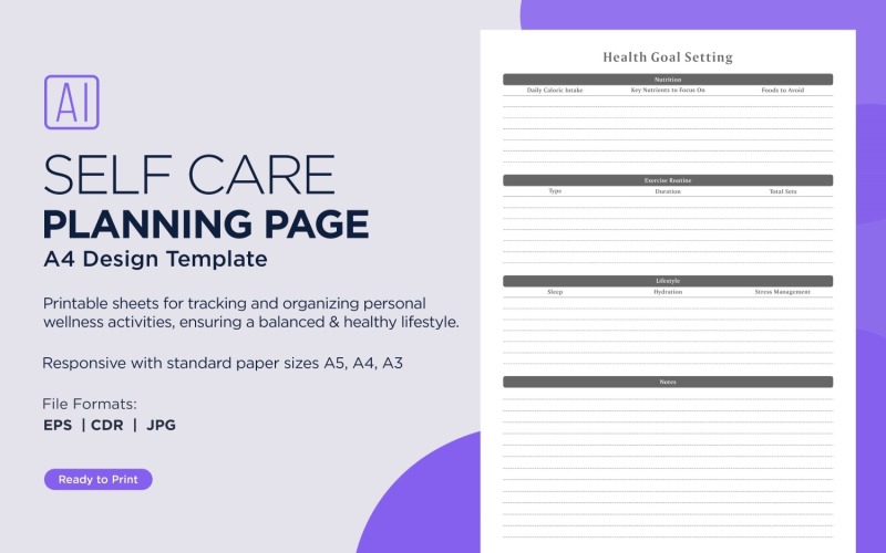 Health Goal Setting Self Care Planning Pages, Planner Sheets, 35