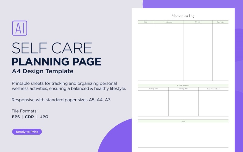 Medication Log Self Care Planning Pages, Planner Sheets, 22