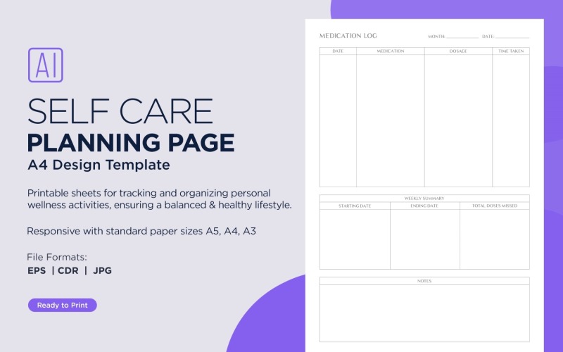 Medication Log Self Care Planning Pages, Planner Sheets, 37