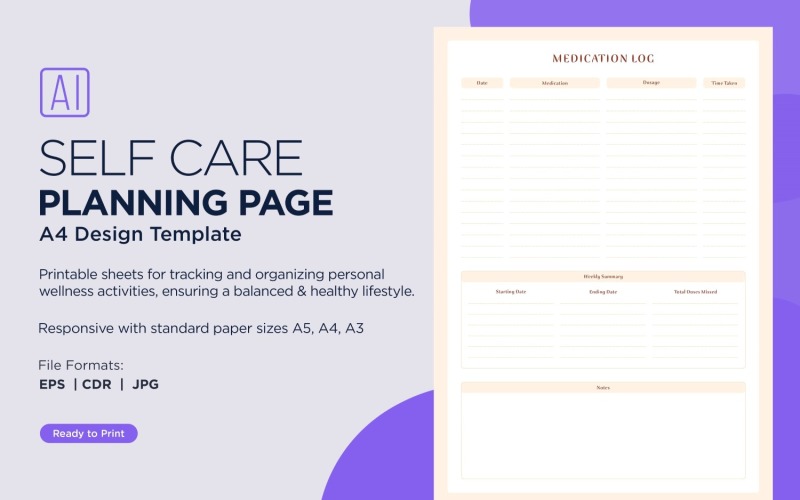 Medication Log Self Care Planning Pages, Planner Sheets, 52