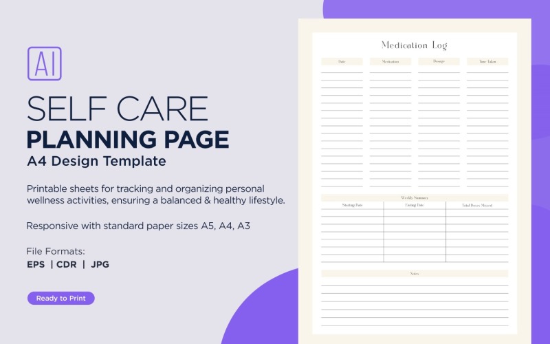 Medication Log Self Care Planning Pages, Planner Sheets, 92