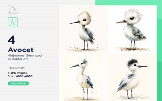 Super Cute Avocet Bird Baby Watercolor Handmade illustration Set