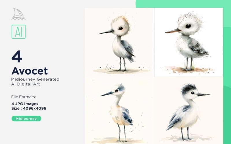 Super Cute Avocet Bird Baby Watercolor Handmade illustration Set Illustration