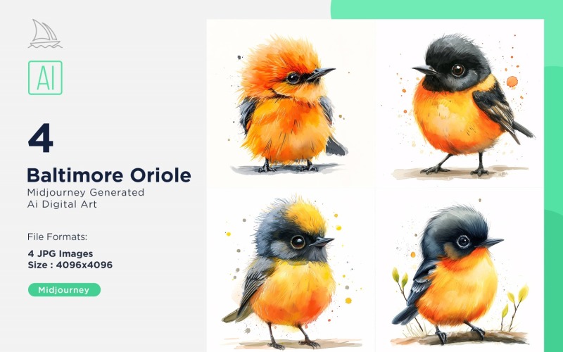 Super Cute Baltimore Oriole Bird Baby Watercolor Handmade illustration Set Illustration