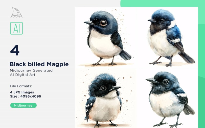 Super Cute Black billed Magpie Bird Baby Watercolor Handmade illustration Set Illustration