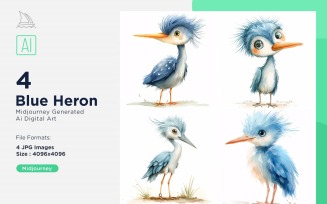 Super Cute Blue Heron Bird Baby Watercolor Handmade illustration Set