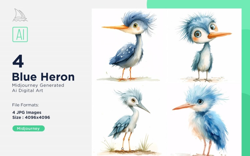 Super Cute Blue Heron Bird Baby Watercolor Handmade illustration Set Illustration