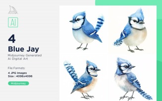 Super Cute Blue Jay Bird Baby Watercolor Handmade illustration Set