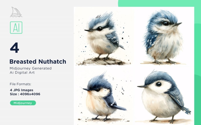 Super Cute Breasted Nuthatch Bird Baby Watercolor Handmade illustration Set Illustration