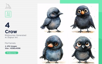 Super Cute Crow Bird Baby Watercolor Handmade illustration Set.
