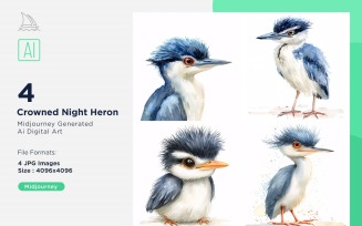 Super Cute Crowned Night Heron Bird Baby Watercolor Handmade illustration Set